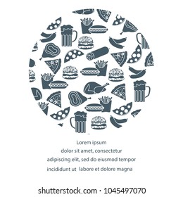 Beer, different types of food and fast food. Design for banner and print.