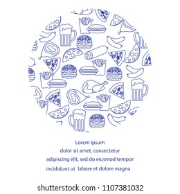 Beer, different types of food and fast food. Design for banner and print.