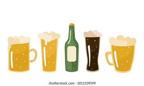 Beer in different types of mugs, glasses and in a bottle. Vector illustration isolated on a white background. For design or decoration