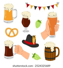 Beer. Different variations beer drink. Set illustrations for beer festival, background, flyer, invitations. Oktoberfest. Glass beer. Flat illustration on white background.