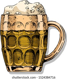 Beer in dimpled mug. Vector color illustration of jug glass in ink hand drawn style. isolated on white.