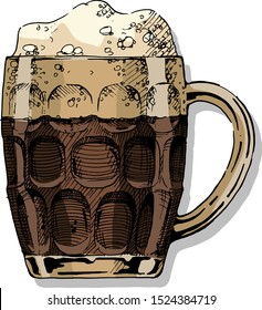 Beer in dimpled mug. Vector color illustration of jug glass in ink hand drawn style. isolated on white.