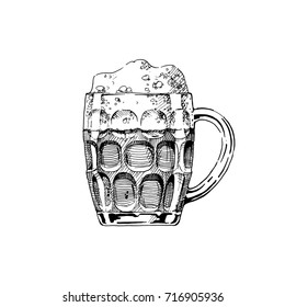 Beer in dimpled mug. Vector illustration of jug glass in ink hand drawn style. isolated on white.