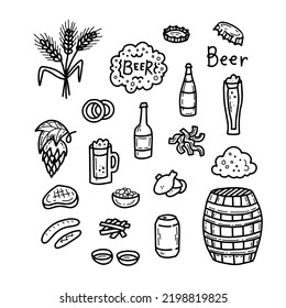 Beer doodle elements set. Simple hand drawn beer items, icons collection with mug, bottle, barrel, malt, hop cone, snacks for Oktoberfest, web design, package. Isolated vector illustration.