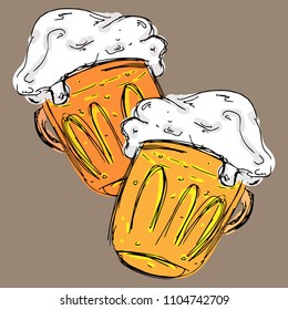 Beer. Doodle glass of frothy beer. Vector illustration of a beer mug. Hand drawn mug with a frothy beer.