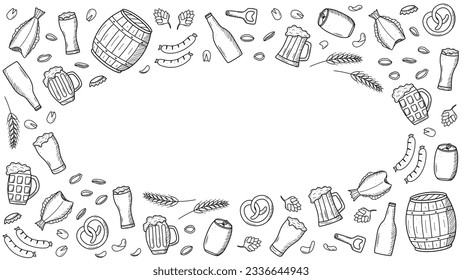 Beer doodle icons set. Vector illustration of Pub elements beer and snacks. Sketch drawing Oktoberfest or bar.