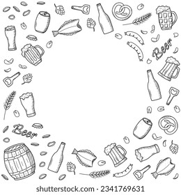 Beer doodle icons set. Vector illustration of Pub elements beer and snacks. Sketch drawing Oktoberfest or bar.