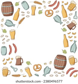Beer doodle icons set. Vector illustration of Pub elements beer and snacks. Drawing Oktoberfest or bar.