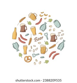 Beer doodle icons set. Vector illustration of Pub elements beer and snacks. Drawing Oktoberfest or bar.