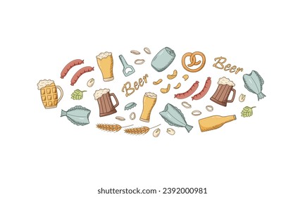 Beer doodle icons set. Vector illustration of Pub elements beer and snacks. Drawing Oktoberfest or bar.