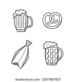 Beer doodle icons set. Vector illustration of Pub elements beer and snacks. Sketch drawing Oktoberfest or bar.