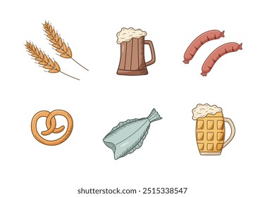 Beer doodle icons set. Vector illustration of Pub elements beer and snacks. Drawing Oktoberfest or bar.