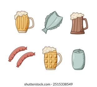 Beer doodle icons set. Vector illustration of Pub elements beer and snacks. Drawing Oktoberfest or bar.