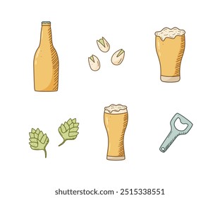 Beer doodle icons set. Vector illustration of Pub elements beer and snacks. Drawing Oktoberfest or bar.