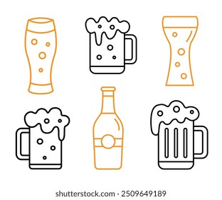 Conjunto de ícones de contorno de doodle de cerveja, Pub Bar bebe coleção de sinais de linha. Oktoberfest Símbolos de Cerveja Ilustração de Vetor Isolado no Branco