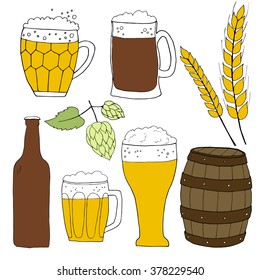 Beer doodle set. Hand drawn icons isolated on white background. Doodle collection. Bottle, glass, hop, malt, barrel. 