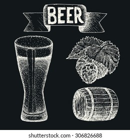 Beer. Drawing by hand. Vintage style sketch. Set of items.