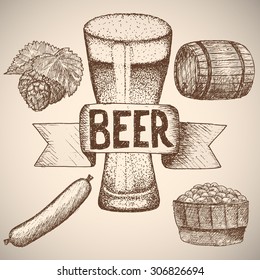 Beer. Drawing by hand. Vintage style sketch. Set of items.