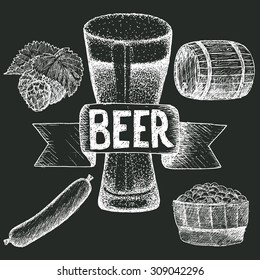 Beer. Drawing by hand. Vintage style sketch. Set of items.