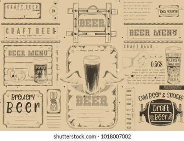 Beer Drawn Menu Design. Craft Beer Placemat for Restaurant, Bar, Pub and Cafe. Place for Text Menu. Retro Craft Paper Design.  Vector Illustration.