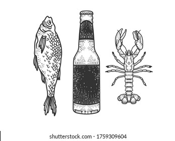 beer with dried fish and crayfish sketch engraving vector illustration. T-shirt apparel print design. Scratch board imitation. Black and white hand drawn image.