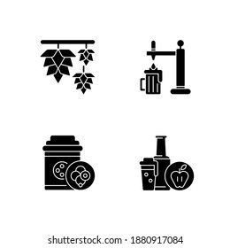 Beer drink black glyph icons set on white space. Herbal hops for brewing alcohol. Fermentation for beverage production, Cider in bottle. Bar menu. Silhouette symbols. Vector isolated illustration