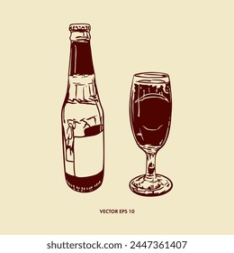 Beer drink, bottle, glass goblet. Hand drawn vector illustration in graphic style. Design of menus, wine and beer cards, labels, banners, leaflets.