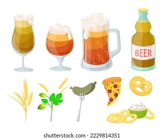 Beer drink flat vector cartoon party set. Glass, mug and bottle with craft alcoholic beverage and fastfood pizza with snack isolated illustration. Oktoberfest festival or outdoor picnic concept