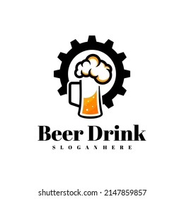 Beer drink with Gear logo design vector, Creative Beer drink logo design Template Illustration