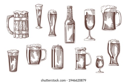 Beer drink in glasses, pints, mugs, can sketch set. Vintage beverages vector illustration. Hand drawn elements collection. Brewery concept