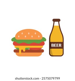 Beer drink and hamburger food icon with a sleek and modern flat design featuring clean lines and minimalist aesthetics,