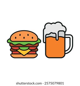 Beer drink and hamburger food icon with a sleek and modern flat design featuring clean lines and minimalist aesthetics,