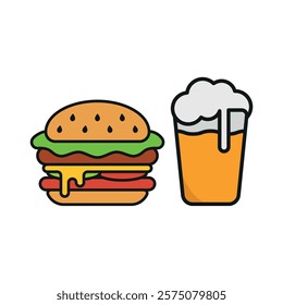 Beer drink and hamburger food icon with a sleek and modern flat design featuring clean lines and minimalist aesthetics,