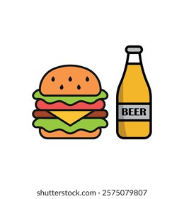 Beer drink and hamburger food icon with a sleek and modern flat design featuring clean lines and minimalist aesthetics,