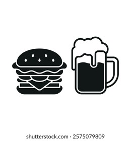 Beer drink and hamburger food icon with a sleek and modern flat design featuring clean lines and minimalist aesthetics,