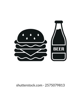 Beer drink and hamburger food icon with a sleek and modern flat design featuring clean lines and minimalist aesthetics,