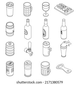 Beer drink icon set. Isometric set of beer drink vector icons outline isolated on white background