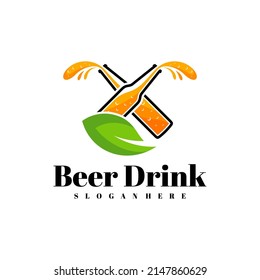 Beer drink with Leaf logo design vector, Creative Beer drink logo design Template Illustration