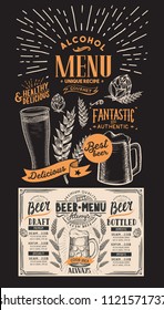 Beer drink menu for restaurant and cafe. Design template with hand-drawn graphic illustrations. Vector beverage flyer for bar on blackboard background.