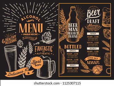 Beer Drink Menu For Restaurant And Cafe. Design Template On Blackboard Background With Hand-drawn Graphic Illustrations. Vector Beverage Flyer For Bar.