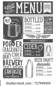 Beer drink menu for restaurant and cafe. Design template with hand-drawn graphic illustrations.