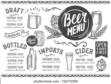 Beer drink menu for restaurant and cafe. Design template with hand-drawn graphic illustrations.