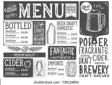 Beer drink menu for restaurant and cafe. Design template with hand-drawn graphic illustrations.