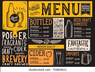 Beer drink menu for restaurant and cafe. Design template with hand-drawn graphic illustrations.