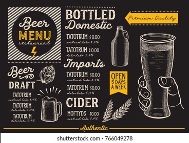 Beer drink menu for restaurant and cafe. Design template with hand-drawn graphic illustrations.