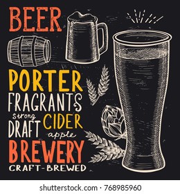 Beer drink menu for restaurant and cafe. Design template with hand-drawn graphic illustrations.