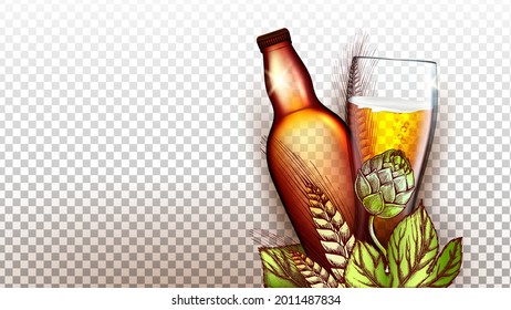 Beer Drink Product Glass And Blank Bottle Vector. Wheat And Malt Plant Natural Ingredient For Brewing Beer, Package And Glassware. Alcoholic Foamy Beverage Production Template 3d Illustration