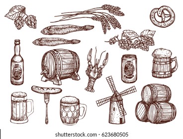 Beer drink and snacks vector sketch icons. Beer mug or barrel, windmill and hop or barley wheat, fish kipper and grill sausages, lobster and pretzel for Oktoberfest brewery pub or bar design