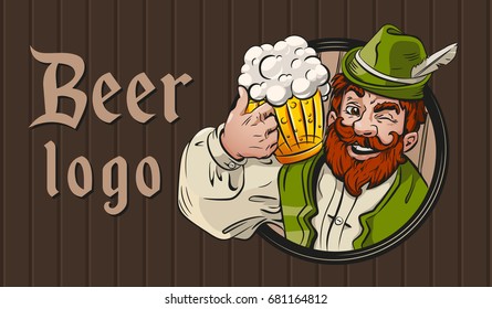Beer drink vector logo, emblem, festival. Bearded man, mug beer. German, Bavarian clothes.