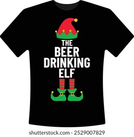 O Elfo Beber Elfo Natal T-Shirt Design Combinando Família Natal Elfo Gráfico de Natal